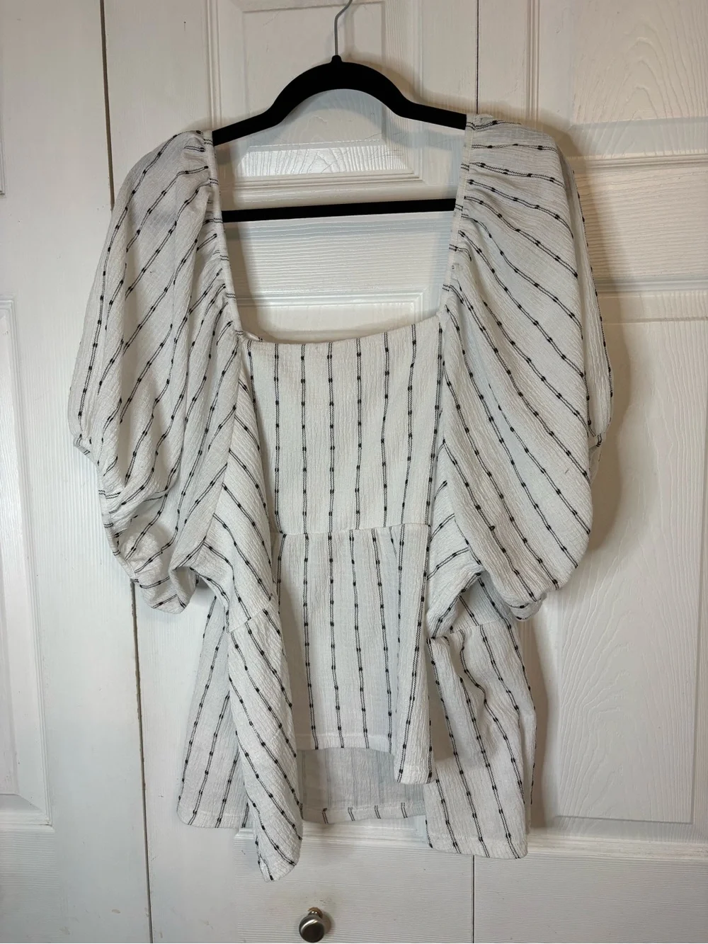 Madewell 2X Striped Puff Sleeve Peplum Empire Top Ivory and Black